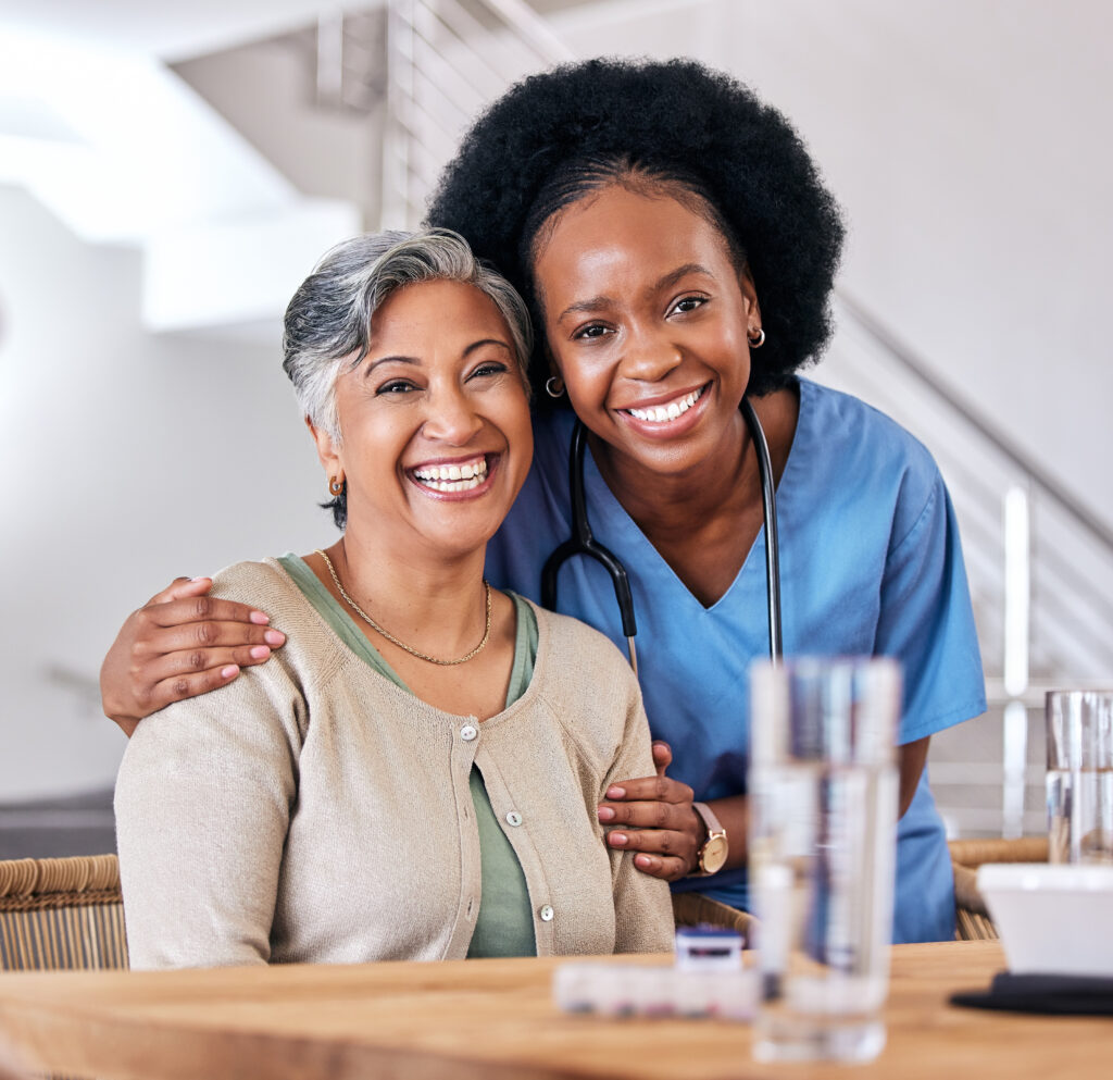 Home portrait, smile and assisted living caregiver with an old woman in the living room of a home together. healthcare, support or community with a happy nurse or volunteer and senior patient in a house